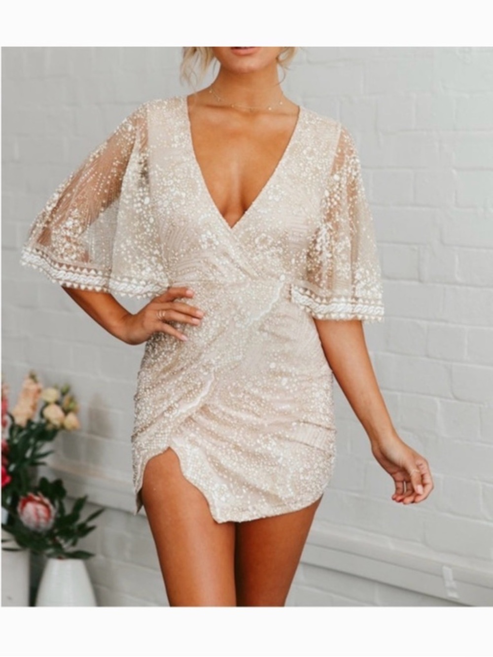 Hello Molly Champagne Pearl-Embellished V-Neck Mini Dress